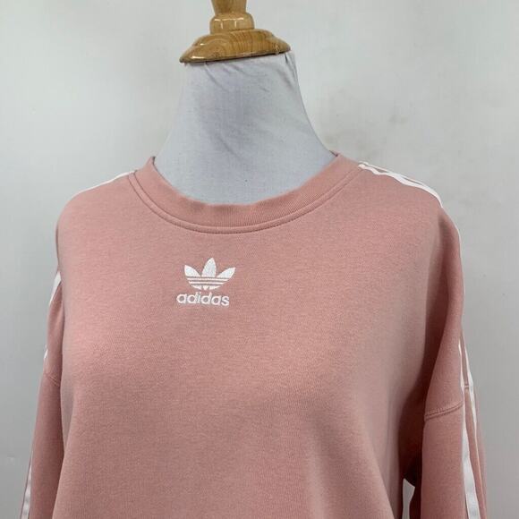 Adidas Sweatshirt Womens L Large Pink Trefoil Logo 3 Stripes Sleeve Waist Pull - Picture 3 of 15